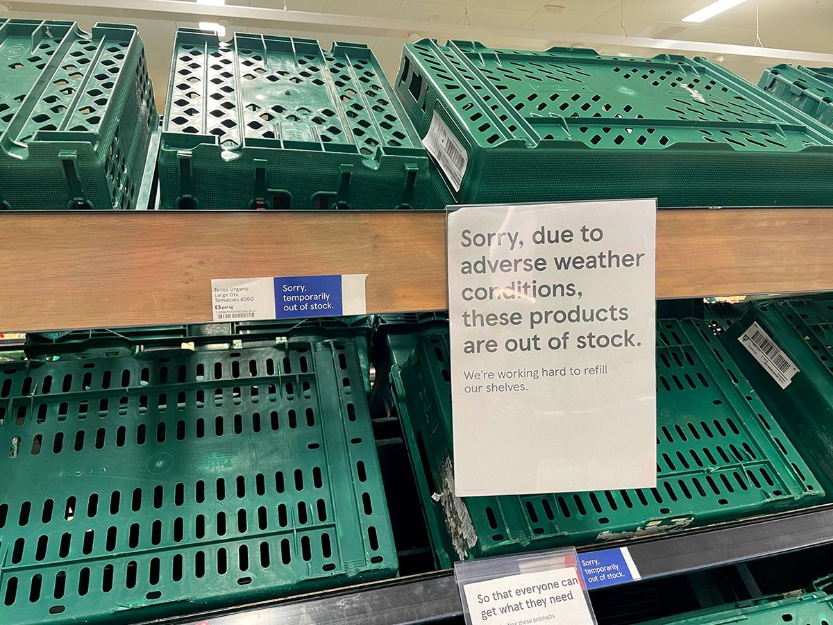 Bad Weather To Blame For Fresh Veg Shortage BURGESS HILL, ENGLAND - FEBRUARY 22: Empty shelves are seen in the fruit and vegetable aisles of a Tesco supermarket on February 22, 2023 in Burgess Hill, United Kingdom. Supermarkets say bad weather in Spain and Morocco last year are to blame for the latest shortages in tomatoes, bell peppers, cucumbers and other salad items across the UK, rationing them to customers. (Photo by Jane Sherwood/Getty Images)