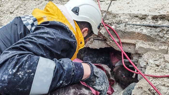 AFRIN, SYRIA- FEBRUARY 6: In the earthquake that happened at 4.16 am in Turkey, houses in Syria were destroyed on February 6, 2023.  According to initial estimates, there are 230 dead in Syria. An earthquake with a magnitude of 7.8 occurred in the Pazarck district of Kahramanmara. The earthquake was felt in many provinces, especially in Gaziantep, Sivas, Hatay, anlurfa, Mersin, Samsun and Trabzon. Turkey has issued a level 4 alarm. The alarm also contains the International help code.There are many dead and injured. There were 66 aftershocks, the largest of which was 6.6. (Photo by Ugur Yildirim/ dia images via Getty Images)