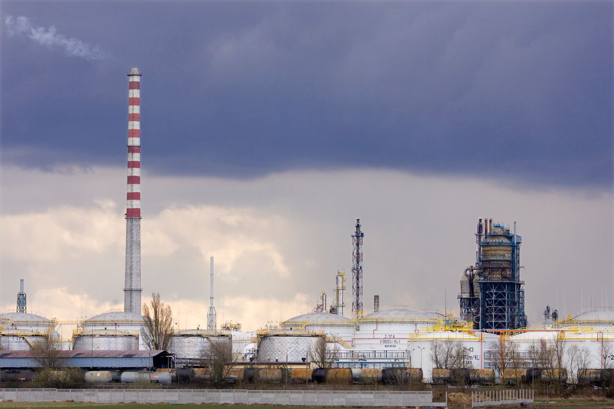 General view of PKN Orlen SA oil refinery in Plock. The country's largest oil refinery, (Plock refinery) and parent company, PKN Orlen is located there; it is served by a large pipeline leading from Russia to Germany. PKN ORLEN is a Polish company and one of Central Europe's largest refiners of crude oil.
