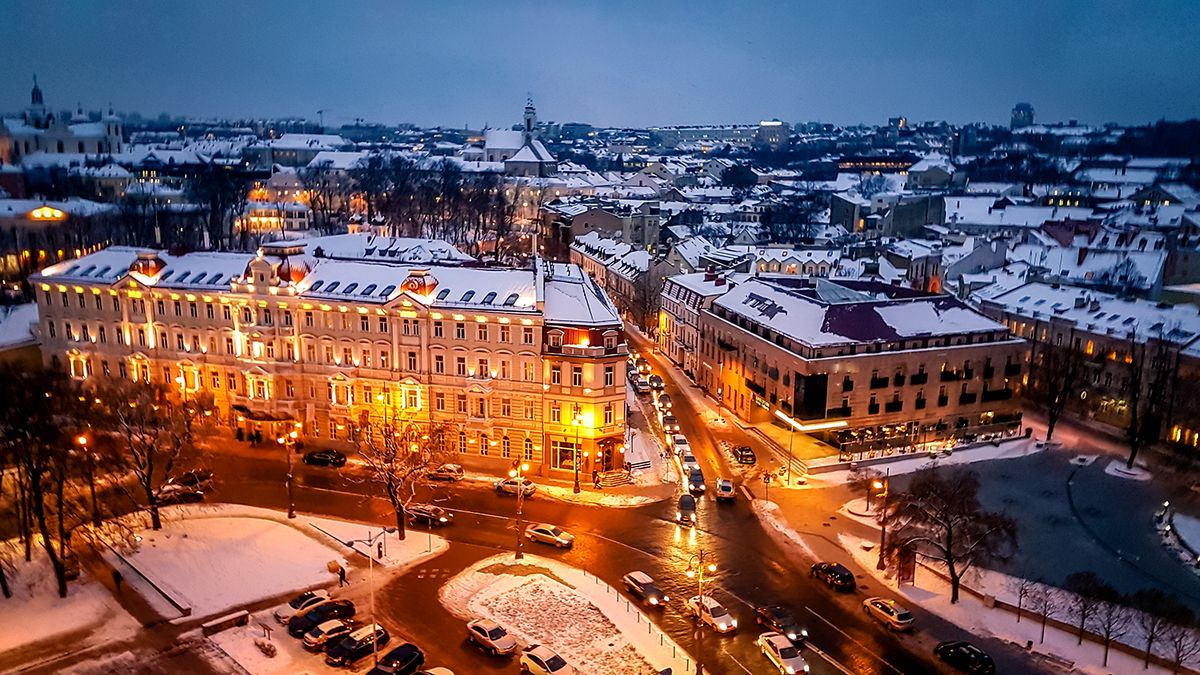 Vilnius Night Street Scene Architecture Snowy City view cityscape
Vilnius Cityscape Skyline Lithuania Eastern Europe. Shot from the bell tower in the center of Vilnius