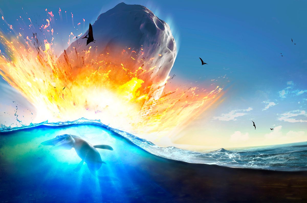 Chicxulub Impact
Asteroid impact. Illustration of a large asteroid colliding with Earth on the Yucatan Peninsula in (what is modern day) Mexico. This impact is believed to have led to the death of the dinosaurs some 65 million years ago. The impact formed the Chicxulub crater, which is around 200 kilometres wide. The impact would have thrown trillions of tons of dust into the atmosphere, cooling the Earths climate significantly, which may have been responsible for the mass extinction. A layer of iridium- rich rock, known as the K pg boundary, is thought to be the remnants of the impact debris. Here, the impact is seen from the ocean. The animal in silhouette is a mosasaur, an extinct marine predator.