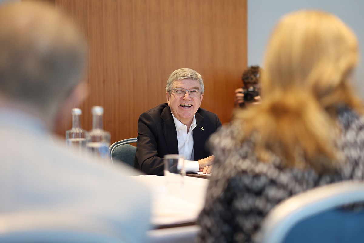 IOC President Bach Brisbane 2032 Media Update SYDNEY, AUSTRALIA - MAY 01: IOC President Thomas Bach speaks in a meeting before a Brisbane 2032 Olympic Games media update at Sofitel Hotel on May 01, 2022 in Sydney, Australia. (Photo by Mark Metcalfe/Getty Images)