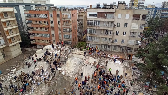 Earthquakes jolts Turkiye's provinces
SANLIURFA, TURKIYE - FEBRUARY 06: An aerial view of debris of a collapsed building after 7.4 magnitude earthquake hits Sanliurfa, Turkiye on February 06, 2023. The 7.4 magnitude earthquake jolted southern province of Kahramanmaras of Turkiye early Monday, according to Disaster and Emergency Management Authority of Turkiye (AFAD). It was followed by a magnitude 6.4 quake that struck southeastern Gaziantep province. A third earthquake with a 6.5 magnitude also hit Gaziantep. Earthquakes had affected several provinces including, Osmaniye, Malatya, Adiyaman, Adana, Diyarbakir, Kilis and Sanliurfa. (Photo by Rauf Maltas/Anadolu Agency via Getty Images)