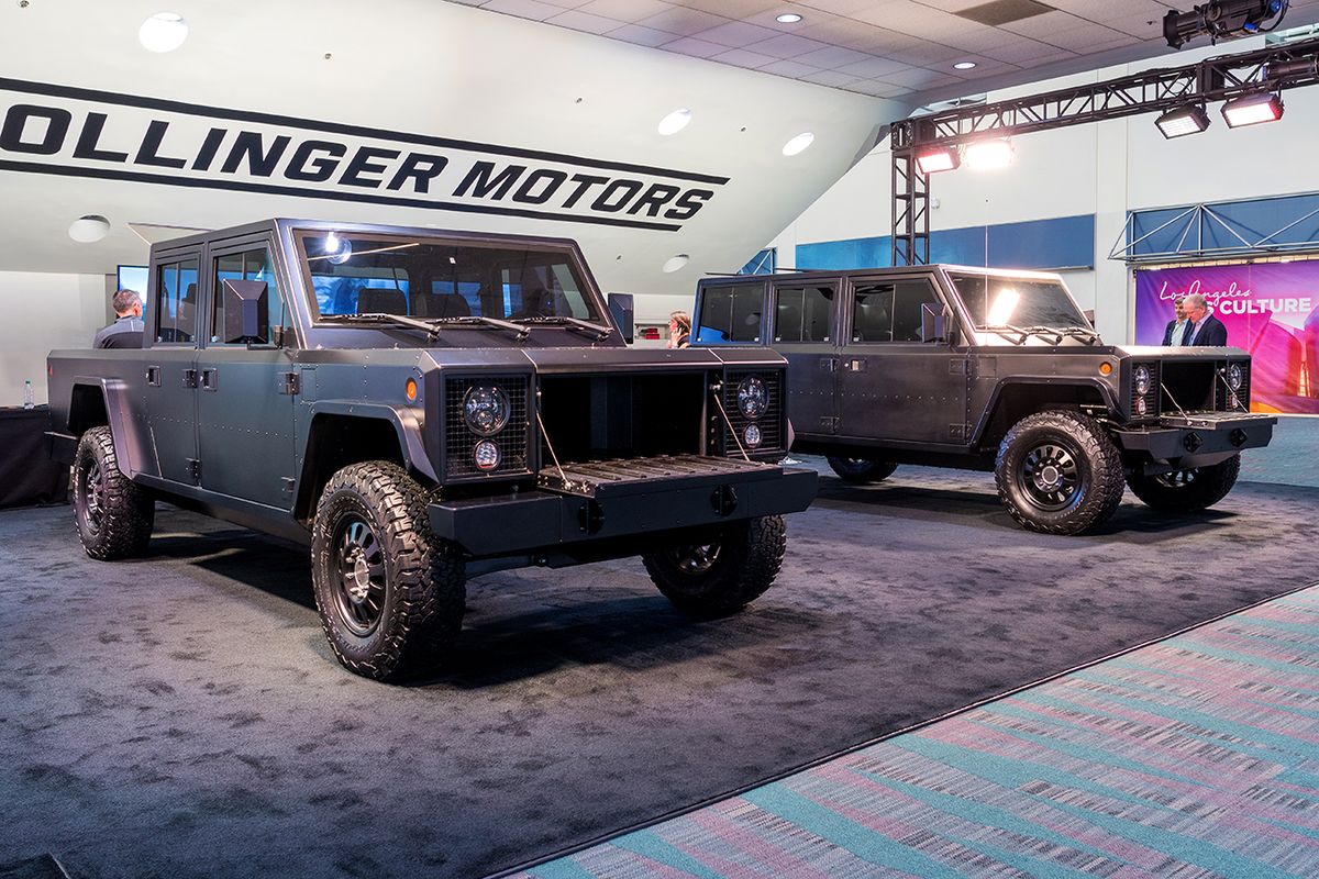 Los,Angeles,,Usa,-,November,21,,2019:,Bollinger,B1,And Los Angeles, USA - November 21, 2019: Bollinger B1 and B2 electric truck on display during Los Angeles Auto Show.