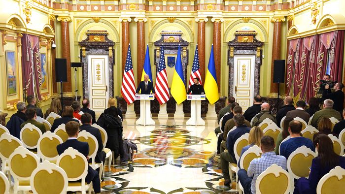 US President Joe Biden (L) and Ukrainian President Volodymyr Zelensky (R) attend a press conference in Kyiv on February 20, 2023. - US President Joe Biden promised increased arms deliveries for Ukraine during a surprise visit to Kyiv on February 20, 2023, in which he also vowed Washington's "unflagging commitment" in defending Ukraine's territorial integrity. 