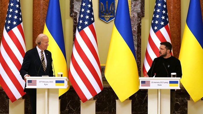 US President Joe Biden (L) and Ukrainian President Volodymyr Zelensky (R) attend a press conference in Kyiv on February 20, 2023. - US President Joe Biden promised increased arms deliveries for Ukraine during a surprise visit to Kyiv on February 20, 2023, in which he also vowed Washington's "unflagging commitment" in defending Ukraine's territorial integrity. 