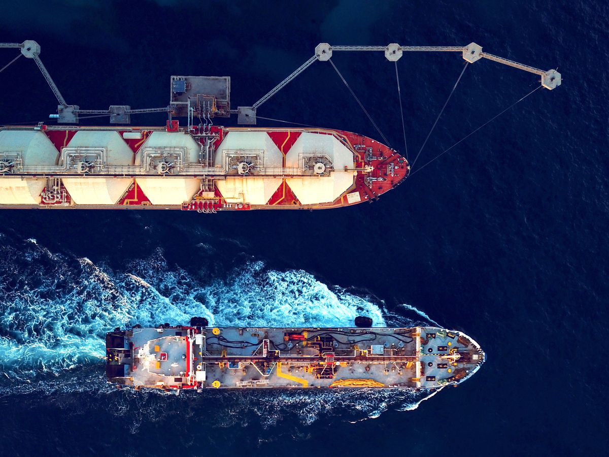 Liquefied natural gas
Industrial aerial view of LNG and Oil/Chemical tankers.
Directly above view of an Oil and Gas commercial activity.