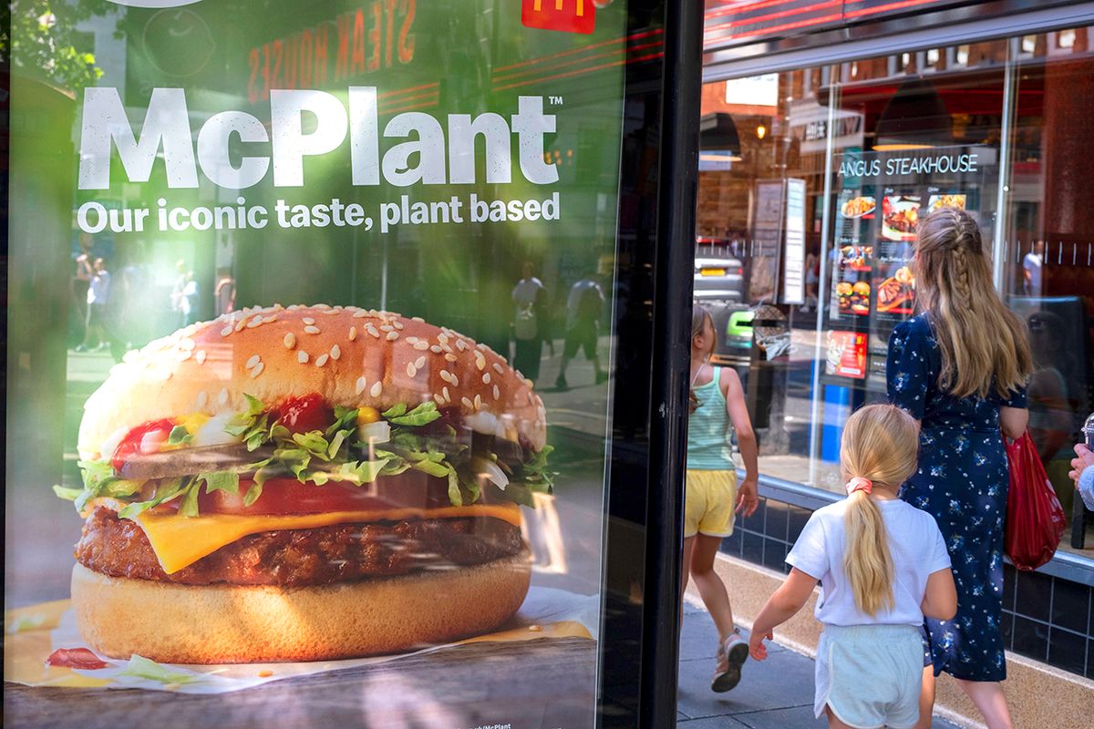 McPlant Advert In London
Advertising for the McPlant burger, a plant based vegetarian alternative to more traditional meat burgers by fast food giant McDonalds on 11th July 2022 in London, United Kingdom. (photo by Mike Kemp/In Pictures via Getty Images) McPlant Nuggets,  McPlant burger