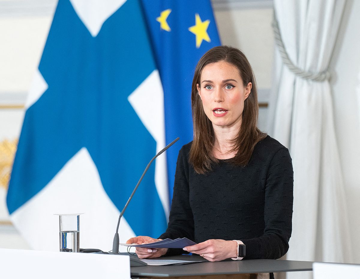 Finland's Prime Minister Sanna Marin speaks during a joint press conference with Austria's Chancellor in Vienna on February 17, 2023. (Photo by GEORG HOCHMUTH / APA / AFP) / Austria OUT