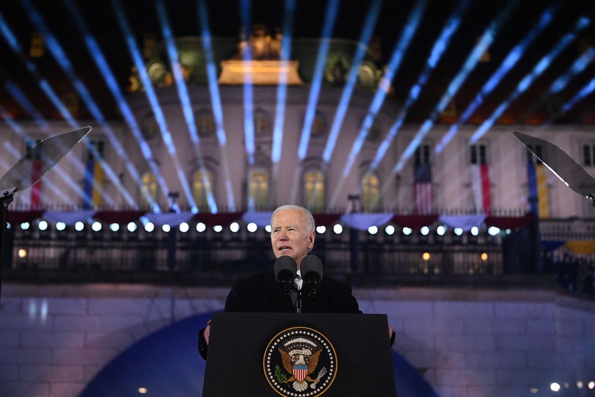 US President Joe Biden delivers a speech at the Royal Warsaw Castle Gardens in Warsaw on February 21, 2023