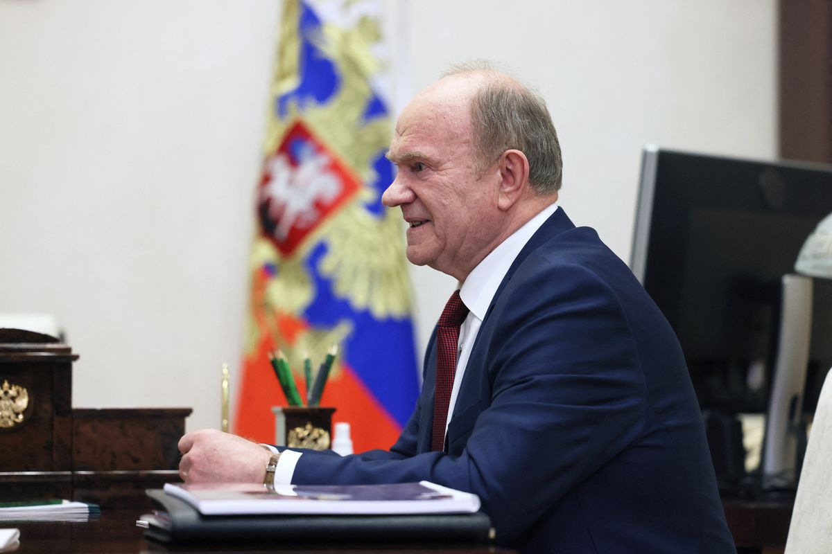 Russia's Communist Party leader Gennady Zyuganov attends a meeting with Russian President at the Novo-Ogaryovo state residence, outside Moscow, on February 13, 2023. 