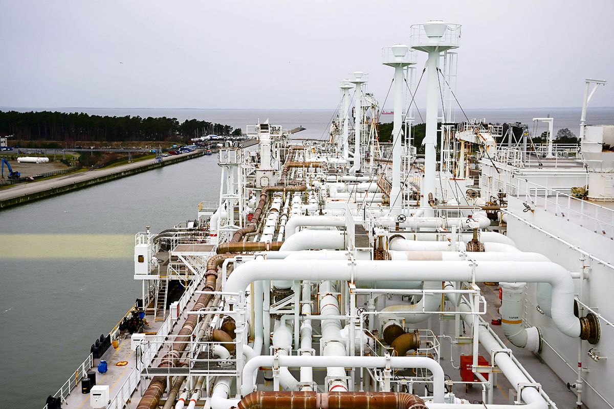 Commissioning of the LNG terminal on the Baltic Sea
14 January 2023, Mecklenburg-Western Pomerania, Lubmin: View of the main deck of the processing vessel "Neptune" in the industrial port of Lubmin during the official commissioning of Germany's second terminal for liquefied natural gas (LNG). Germany's second terminal for liquefied natural gas (LNG) officially began operations in Lubmin on the Baltic Sea on Saturday. Photo: John Macdougall/Pool AFP/dpa (Photo by JOHN MACDOUGALL / Pool AFP / dpa Picture-Alliance via AFP)