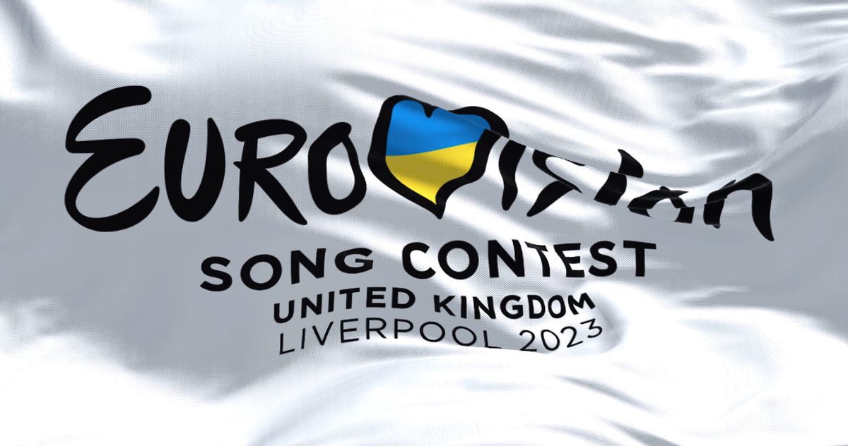 Liverpool, UK, October 2022: The Flag of the Eurovision Song Contest 2023 flying. The 2023 edition will take place in Liverpool, UK, because Ukraine cannot organize the festival because of the war