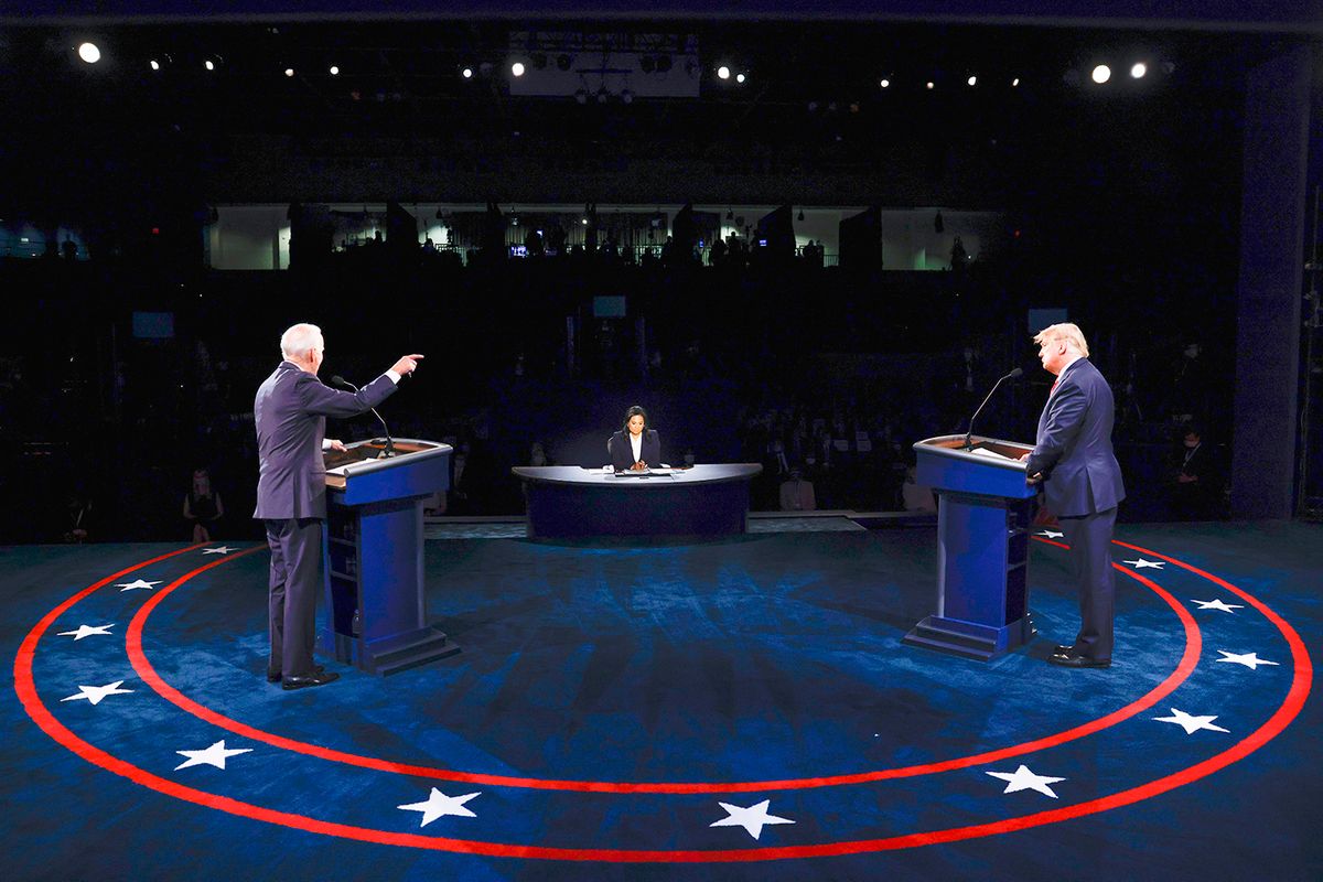 Donald Trump And Joe Biden Participate In Final Debate Before Presidential Election
NASHVILLE, TENNESSEE - OCTOBER 22: U.S. President Donald Trump and Democratic presidential nominee Joe Biden participate in the final presidential debate at Belmont University on October 22, 2020 in Nashville, Tennessee. This is the last debate between the two candidates before the November 3 election.  (Photo by Jim Bourg-Pool/Getty Images)
