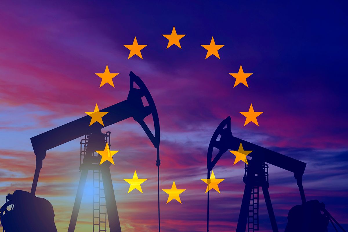 Oil pump on the background of the EU flag. Energy crisis in Europe