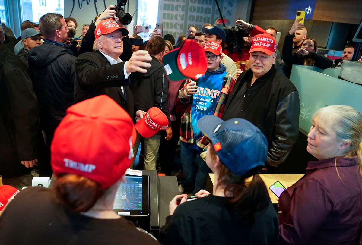 Trump visits East Palestine, Ohio
East Palestine, Ohio - February 22: Former President Donald Trump hands out Make America Great Again hats to McDonalds employees on Wednesday, February 22, 2023 in East Palestine, Ohio, following the Feb. 3 Norfolk Southern freight train derailment. (Photo by Jabin Botsford/The Washington Post via Getty Images)
Donald Trump