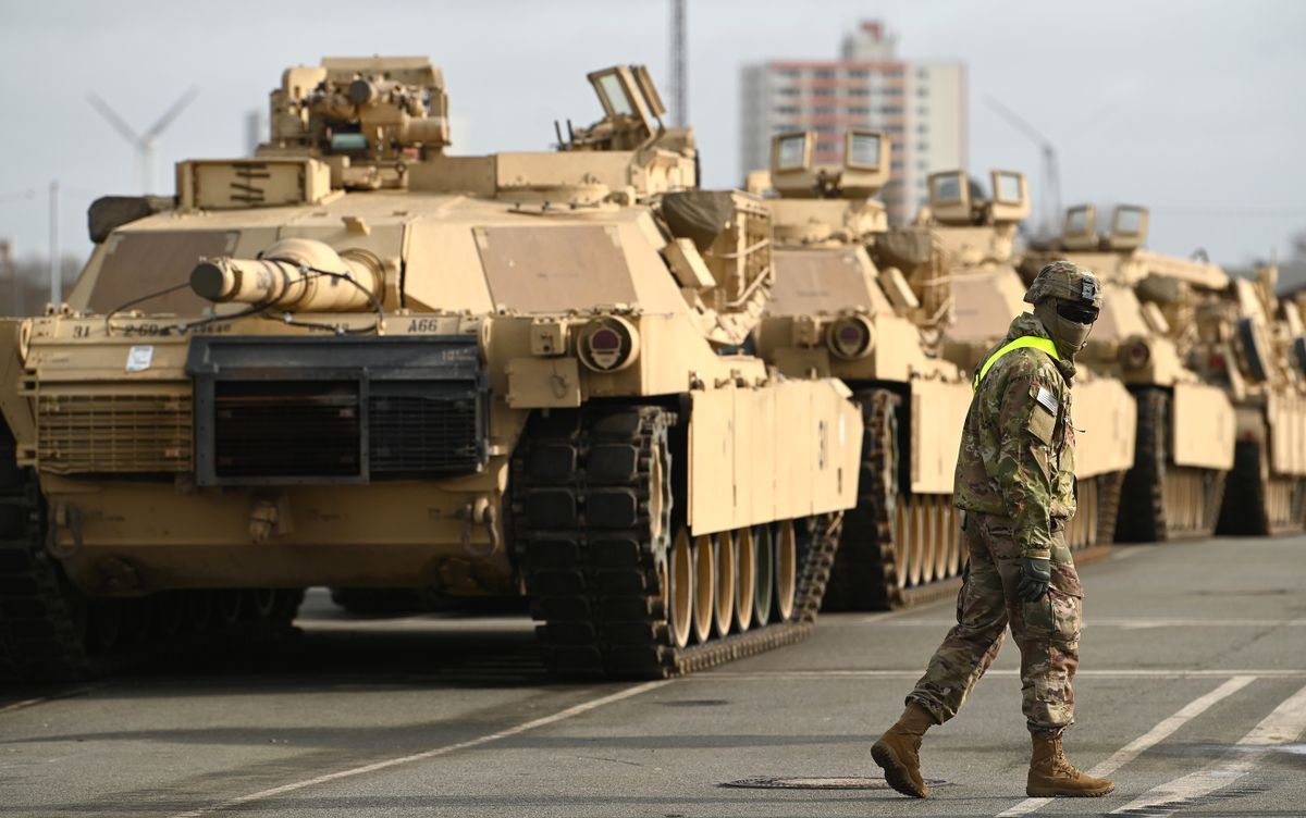 BREMERHAVEN, GERMANY - FEBRUARY 21: M1 Abrahams battle tanks from the U.S. 2nd Brigade Combat Team, 3rd Infantry Division, parked at Bremerhaven port on February 21, 2020 in Bremerhaven, Germany. The U.S. military is shipping military equipment from the United States to participate in the Defender 2020 international military exercises that will involve 37,000 troops and take place in countries including Germany, Poland, Lithuania and Estonia in the spring of 2020. 
