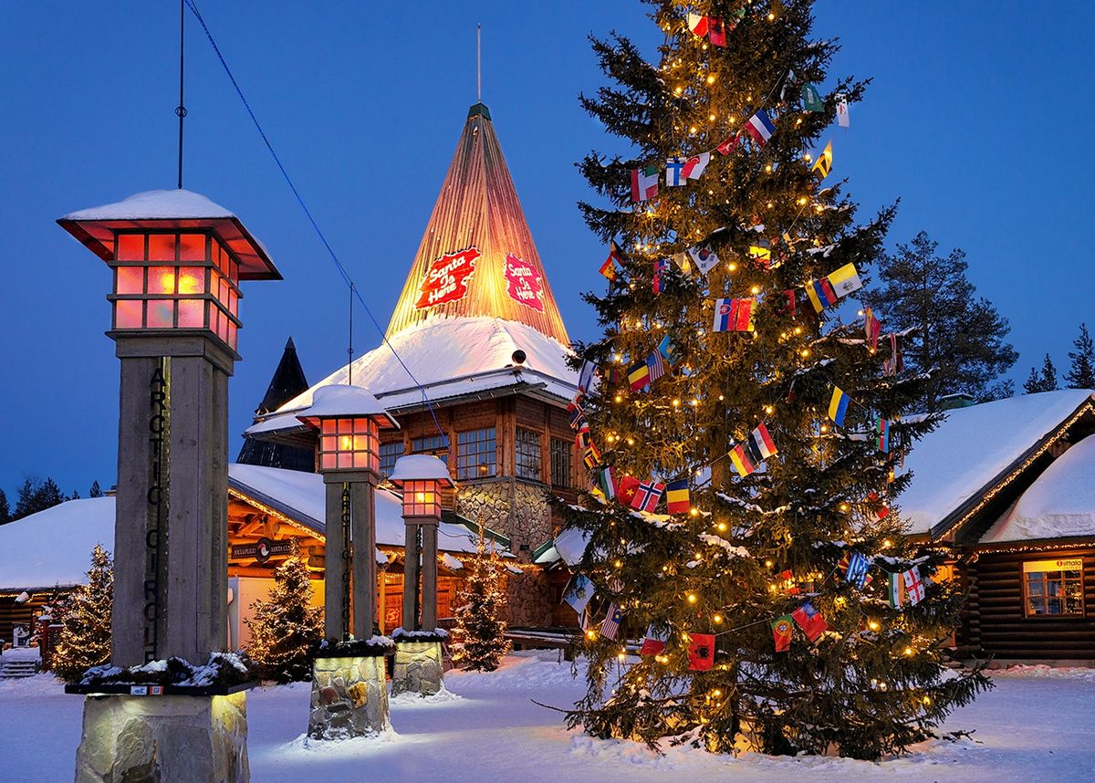 Rovaniemi,,Finland,-,March,5,,2017:,Santa,Claus,Office,In Rovaniemi, Finland - March 5, 2017: Santa Claus Office in Santa Village with Christmas trees at night illuminated with light, Lapland, Finland, on Arctic Circle in winter.