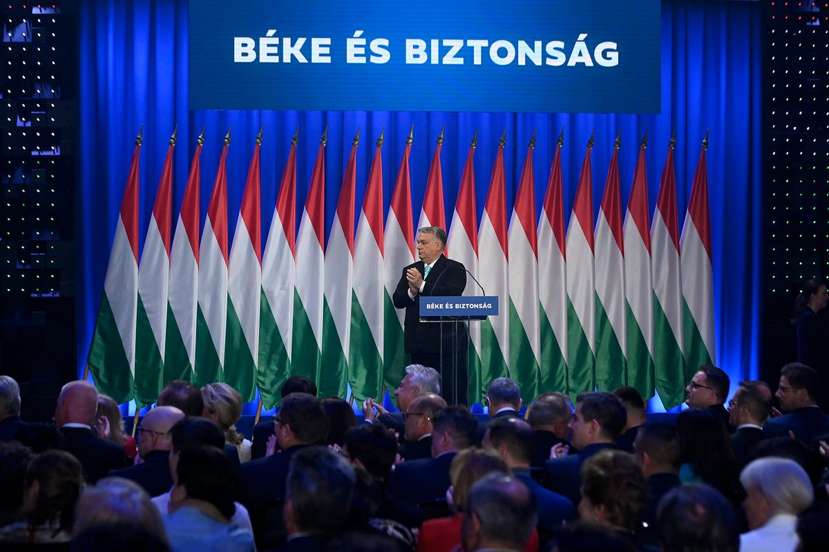 ORBÁN Viktor
Budapest, 2023. február 18.Orbán Viktor miniszterelnök évértékelő beszédét tartja a Várkert Bazárban 2023. február 18-án.MTI/Koszticsák Szilárd