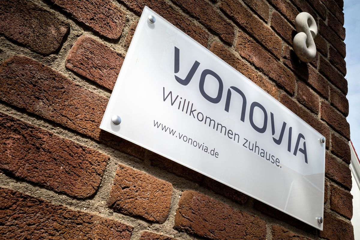 ECKERNFÖRDE, GERMANY - JUNE 17, 2022: Vonovia plate at the exterial wall of a residential building
