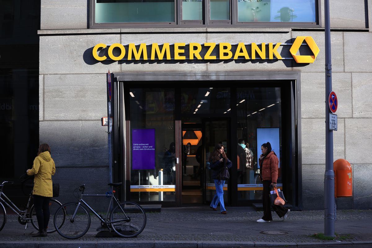 A branch of Commerzbank AG in central Berlin, Germany, on Wedesday, Nov. 9, 2022. Commerzbankjoined its European peers in getting a boost from rising interest rates in the third quarter, prompting the lender to raise a key revenue target even as costs headwinds mount. 