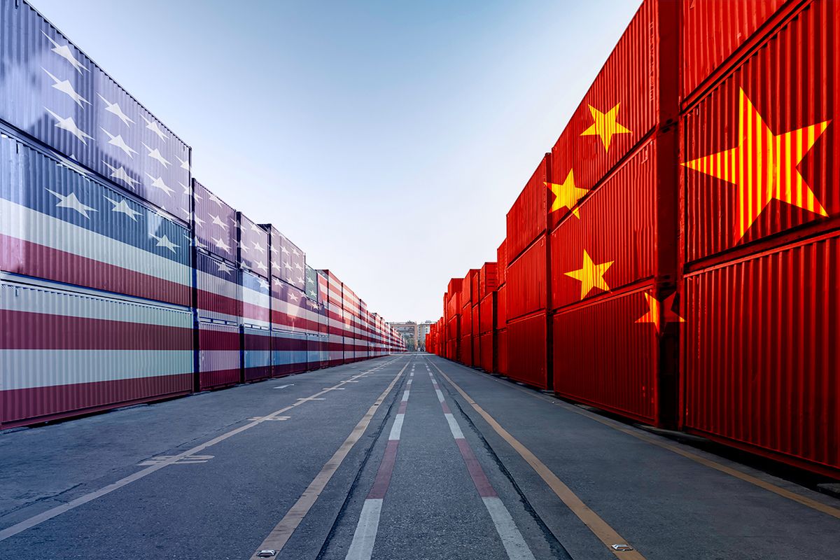 Metaphor,Image,Of,United,States,Of,America,And,China,Trade
Metaphor image of United States of America and China trade war tariffs as two opposing container cargo and airplane over the port as an economic taxation dispute over import and exports concept