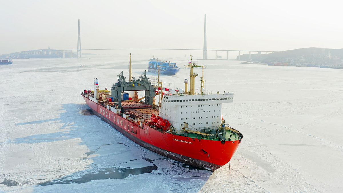 A,Drone,View,Of,The,Nuclear-powered,Lighter,Carrier,Sevmorput,In
A drone view of the nuclear-powered lighter carrier Sevmorput in the road at anchor in the ice. The concept of cargo transportation along the Northern Sea Route - JAN 16, 2022 VLADIVOSTOK, RUSSIA