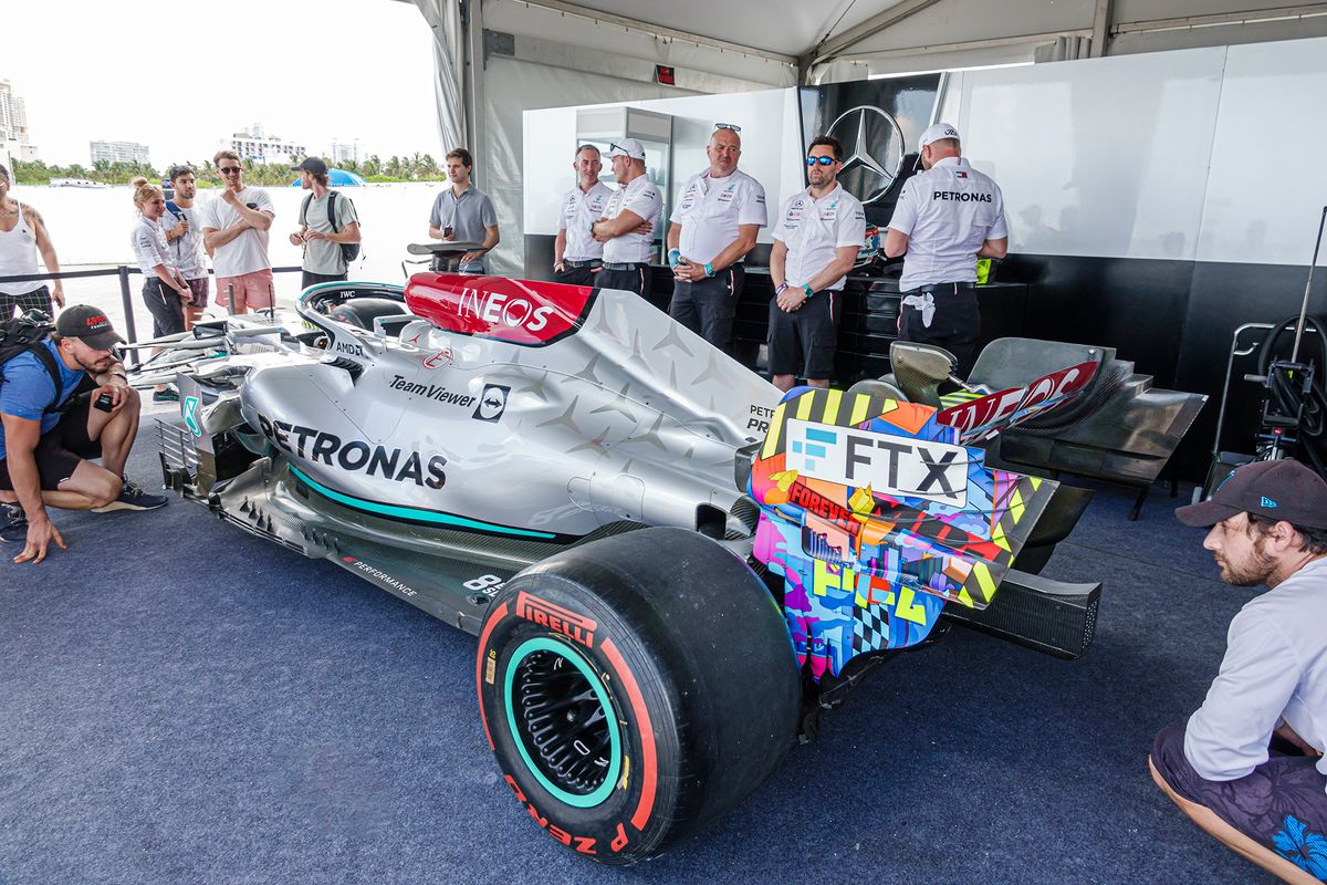 Miami Beach, Florida, FTX Off the Grid free event, Race Weekend Grand Prix, Mercedes-AMG Petronas Formula One Team car on display