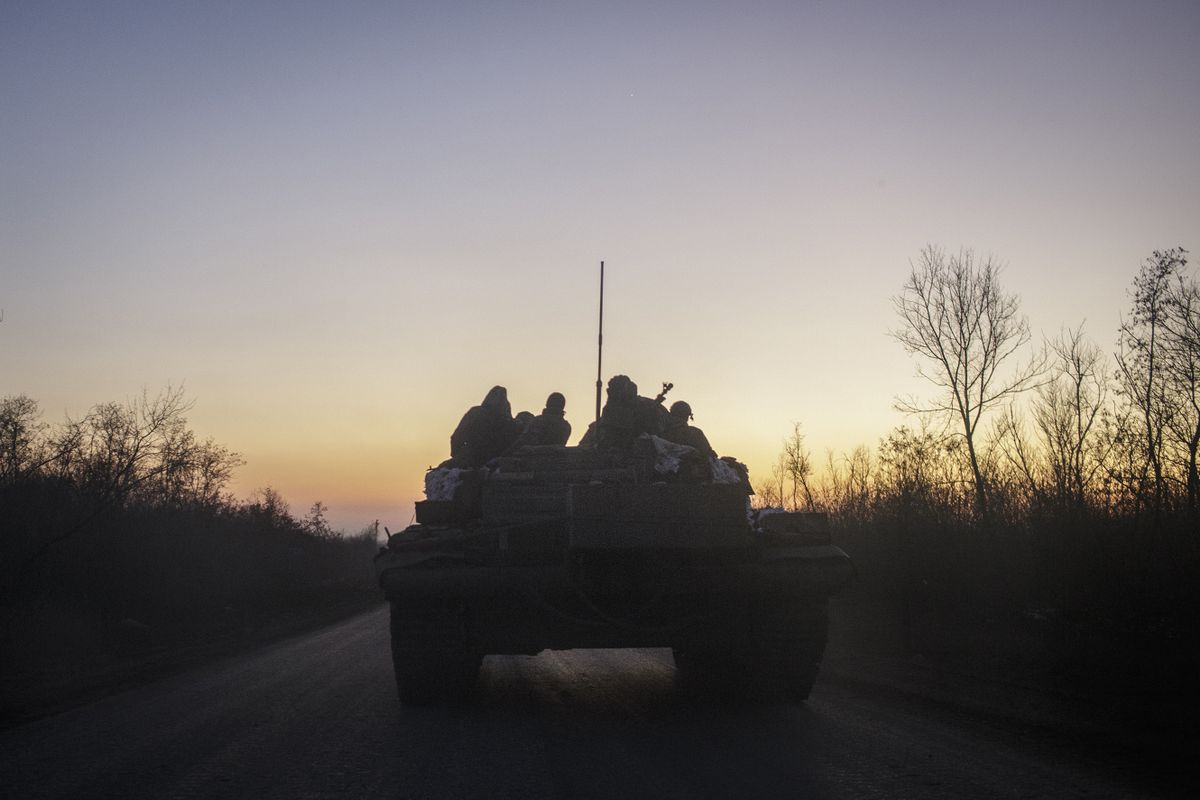 DONBASS, UKRAINE - FEBRUARY 10: A Ukrainian tank moves on a street as the strikes continue on the Donbass frontline, during Russia and Ukraine war in Donbass, Ukraine on February 10, 2023. 