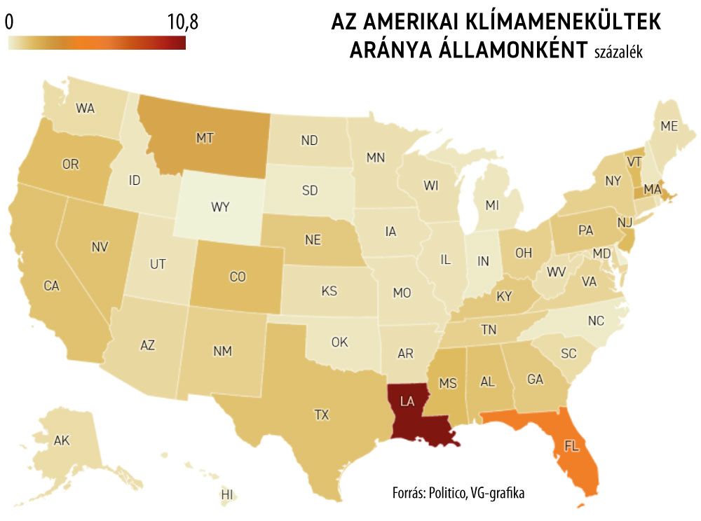 Az amerikai klímamenekültek aránya államonként

