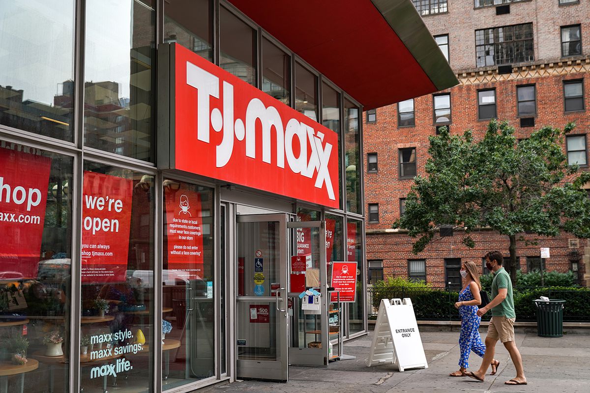 TJX Stores Ahead Of Earnings Figures
Shoppers wearing protective masks walk towards a T.J. Maxx store in New York, U.S., on Saturday, Aug. 15, 2020. TJX Cos. is scheduled to release earnings figures on August 19. Photographer: Jeenah Moon/Bloomberg via Getty Images