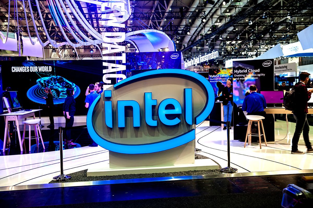 Hannover,,Germany,-,March,,2017:,Intel,Company,Stand,Interior,On Hannover, Germany - March, 2017: Intel company stand interior on exhibition Cebit 2017 in Hannover Messe, Germany