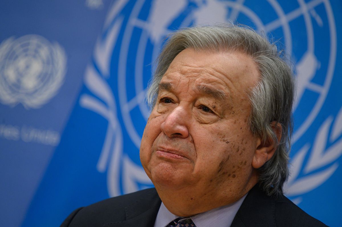 (FILES) In this file photo taken on December 19, 2022 UN Secretary-General Antonio Guterres delivers remarks during the End of Year Press Conference at the UN headquarters in New York City. - The UN Secretary-General warned February 14, 2023 that global warming could force a mass exodus "on a biblical scale" as people flee low-lying communities and called for legal frameworks to be implemented in preparation, especially for refugees. 