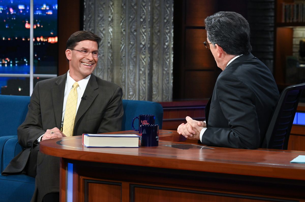 NEW YORK - MAY 16: The Late Show with Stephen Colbert and guest Sec. Mark Esper during Mondays May 16, 2022 show.