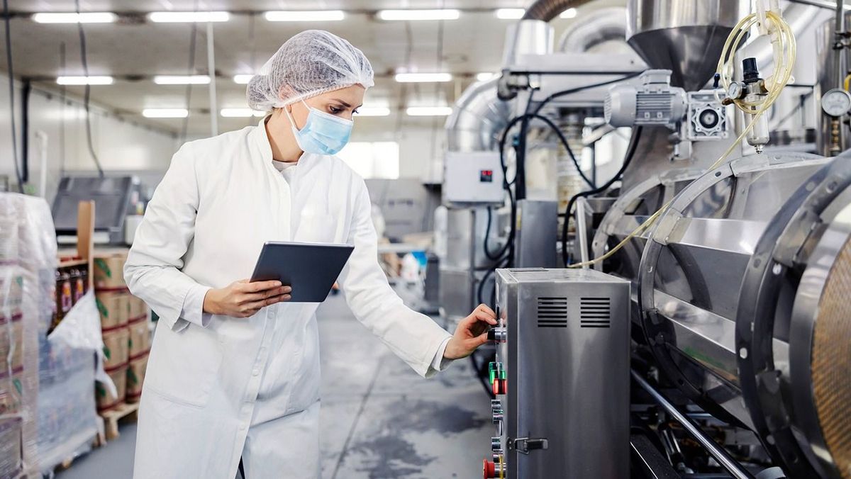 A female milk factory operator with tablet adjusting processing machine during covid 19. A female milk plant operator holding tablet and adjusting milk processing machine during corona virus.