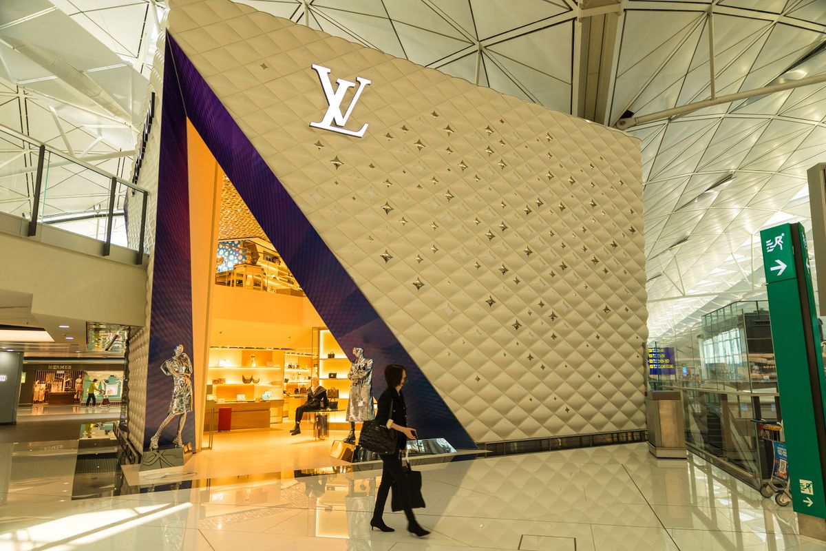 A cube-like Louis Vuitton shop is being constructed in the departure area of the Hong Kong International Airport on February 13th, 2023. 
