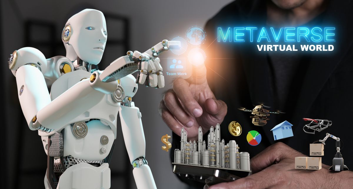 Robot community metaverse for VR avatar reality game virtual reality of people blockchain connect technology investment, business lifestyle
