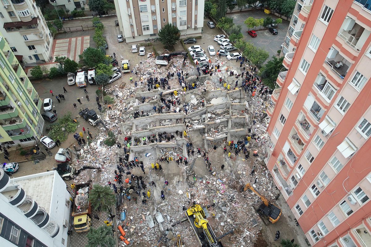 Earthquakes jolts Turkiye's provinces,
ADANA, TURKIYE - FEBRUARY 06: An aerial view shows search and rescue operation carried out at the debris of a building in Cukurova district of Adana after a 7.4 magnitude earthquake hit southern provinces of Turkiye, in Adana, Turkiye on February 6, 2023. (Photo by Eren Bozkurt/Anadolu Agency via Getty Images)