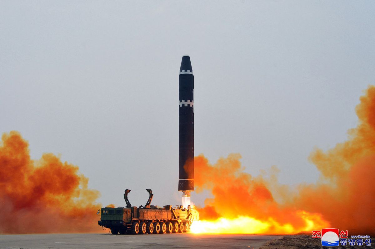 This picture taken on February 18, 2023 and released from North Korea's official Korean Central News Agency (KCNA) on February 19, 2023 shows test-firing of the intercontinental ballistic missile (ICBM) "Hwasong-15", at Pyongyang International Airport. 