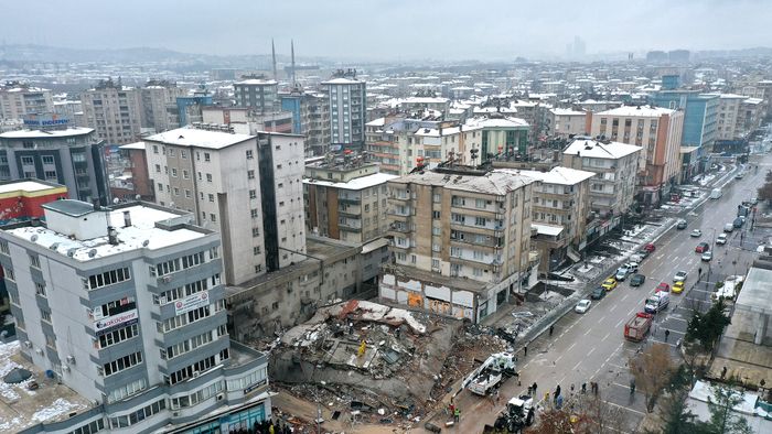 Earthquakes jolts Turkiye's provinces
GAZIANTEP, TURKIYE - FEBRUARY 06: An aerial view of destroyed building after a 7.4 magnitude earthquake hit southern provinces of Turkiye, in Gaziantep, Turkiye on February 6, 2023. The 7.4 magnitude earthquake jolted Turkiyeâs southern province of Kahramanmaras early Monday, according to Turkiyeâs Disaster and Emergency Management Authority (AFAD). It was followed by a magnitude 6.4 quake that struck southeastern Gaziantep province. A third earthquake with a 6.5 magnitude also hit Gaziantep. Earthquakes had affected several provinces including, Osmaniye, Malatya, Adiyaman, Adana, Diyarbakir, Kilis and Sanliurfa. (Photo by Mehmet Akif Parlak/Anadolu Agency via Getty Images)