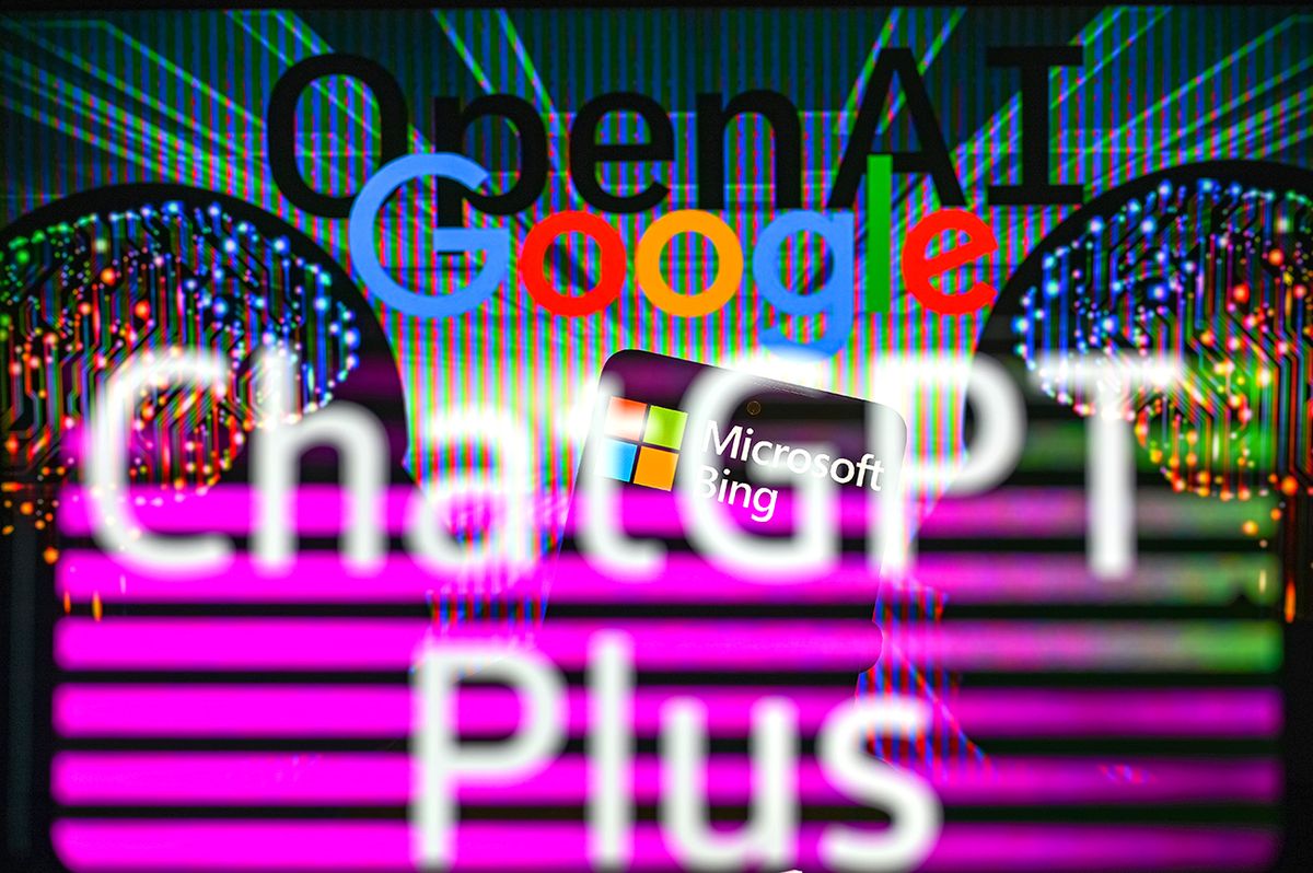 OpenAI ChatGPT - Google Bard - Bing  Illustration OpenAI - Google   displayed on screen with Microsoft Bing - ChatGPT double photo exposure on mobile, seen in this photo illustration. On 17 February 2023 in Brussels, Belgium.(Photo illustration by Jonathan Raa/NurPhoto via Getty Images)