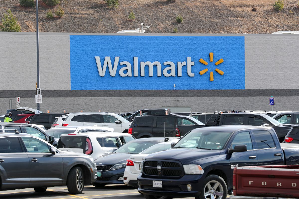BLOOMSBURG, PENNSYLVANIA, UNITED STATES - 2023/02/19: A Walmart logo seen from the parking lot of its store in Bloomsburg. 