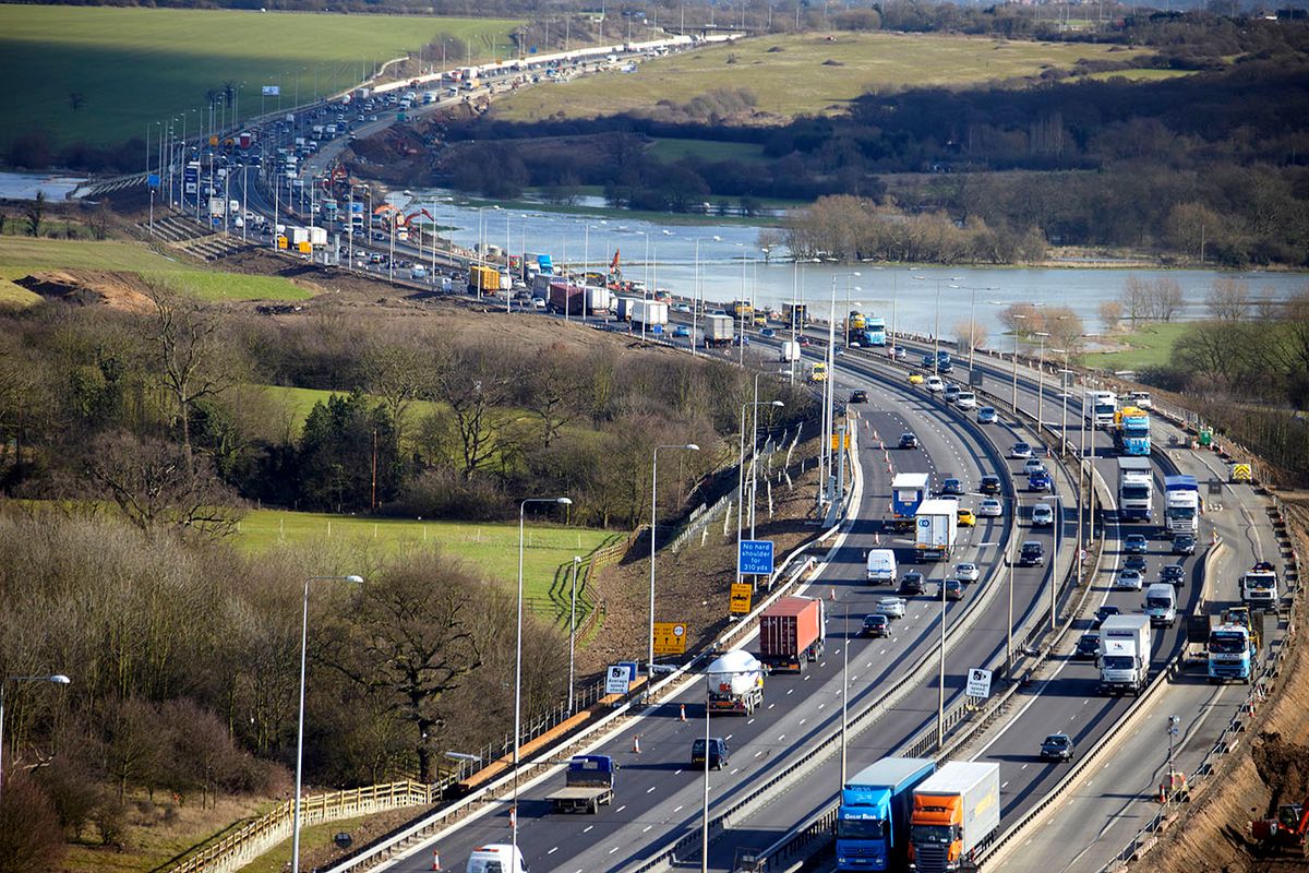 Aerial view of traffic jam on M25 motorway
Aerial Photography view east of traffic jam on M25 Motorway highway north of Stapleford Essex RM4, England UK