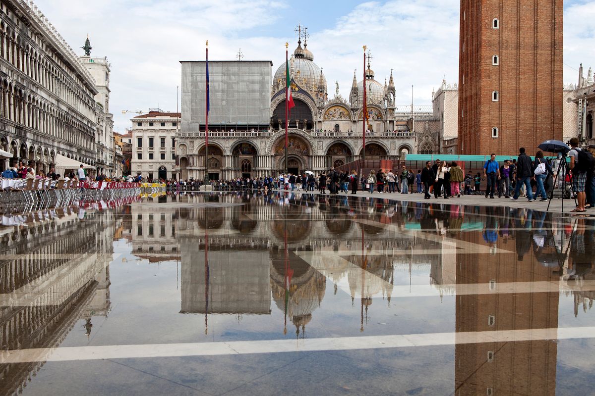 The water rises on the Piazza San Marco in Venice Italy.