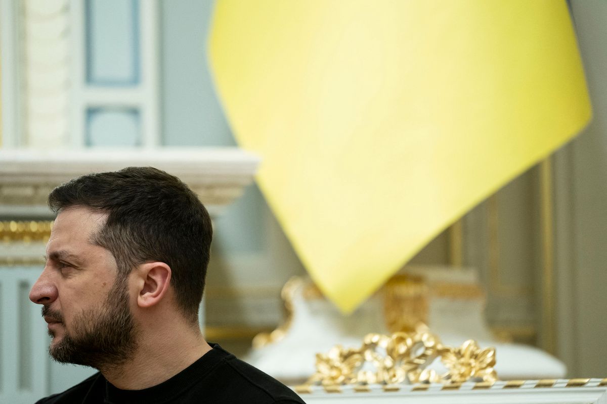 Ukrainian President Volodymyr Zelensky looks on during his meeting with US President Joe Biden (unseen) at the Mariinsky Palace in Kyiv on February 20, 2023. - US President Joe Biden promised increased arms deliveries for Ukraine during a surprise visit to Kyiv on February 20, 2023, in which he also vowed Washington's "unflagging commitment" in defending Ukraine's territorial integrity. 