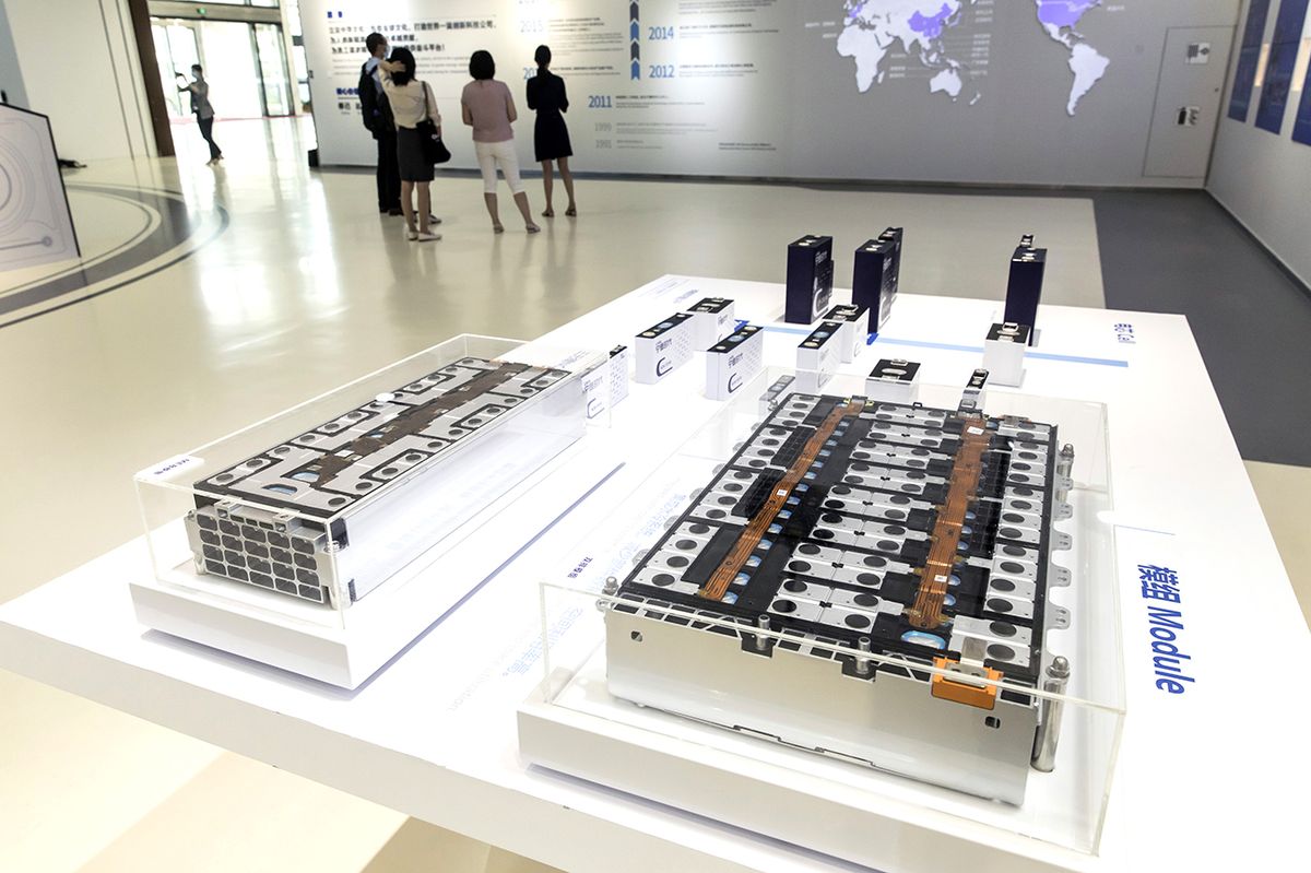 Inside Electric-Car Battery-maker CATL's Headquarters Cross-sections of electric vehicle batteries are displayed in the welcome center at the Contemporary Amperex Technology Co. (CATL) headquarters building in Ningde, Fujian province, China, on Wednesday, June 3, 2020. CATL's battery products are in the vehicles of almost every major global auto brand, and starting this month they'll also power electric cars manufactured by Tesla at its factory on the outskirts of Shanghai. Photographer: Qilai Shen/Bloomberg via Getty Images