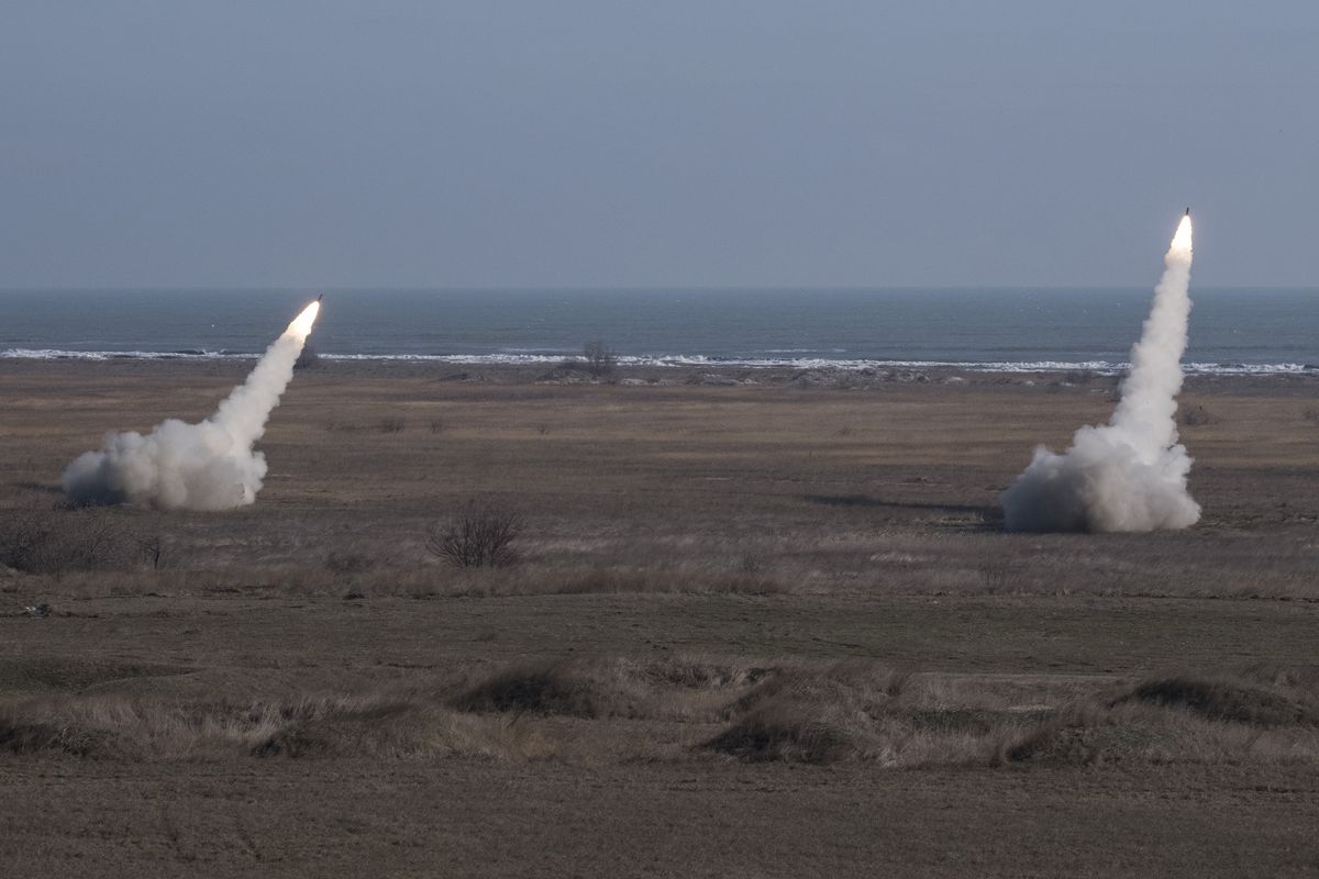 CONSTANTA, ROMANIA - FEBRUARY 09:  Rockets are fired by HIMARS rocket launchers during the Eagle Royale 23 multinational military exercise in Constanta, Romania, on February 09, 2023.