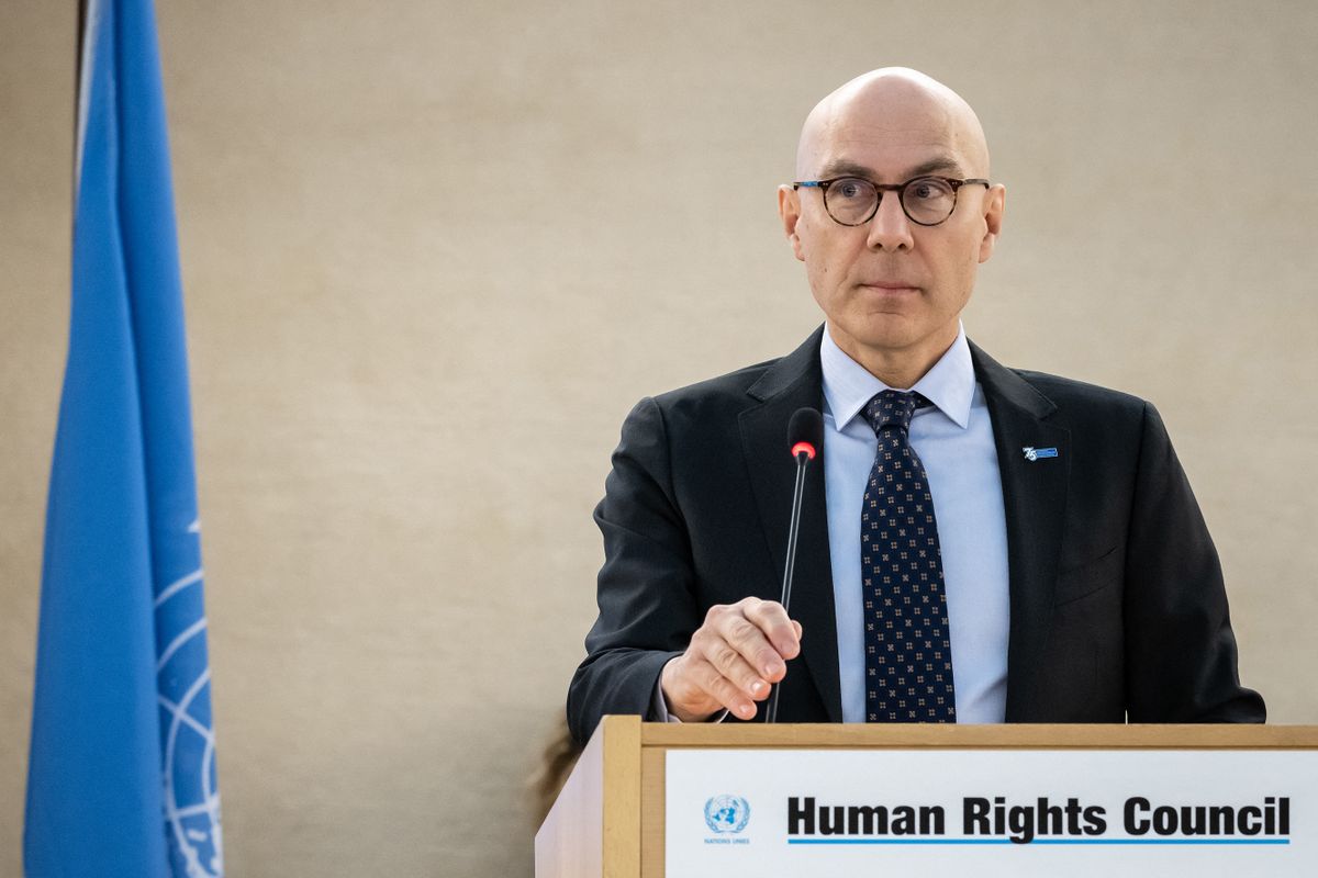 ENSZ UN High Commissioner for Human Rights Volker Turk looks on as he delivers a speech during the 52nd UN Human Rights Council session, in Geneva, on February 27, 2023. 