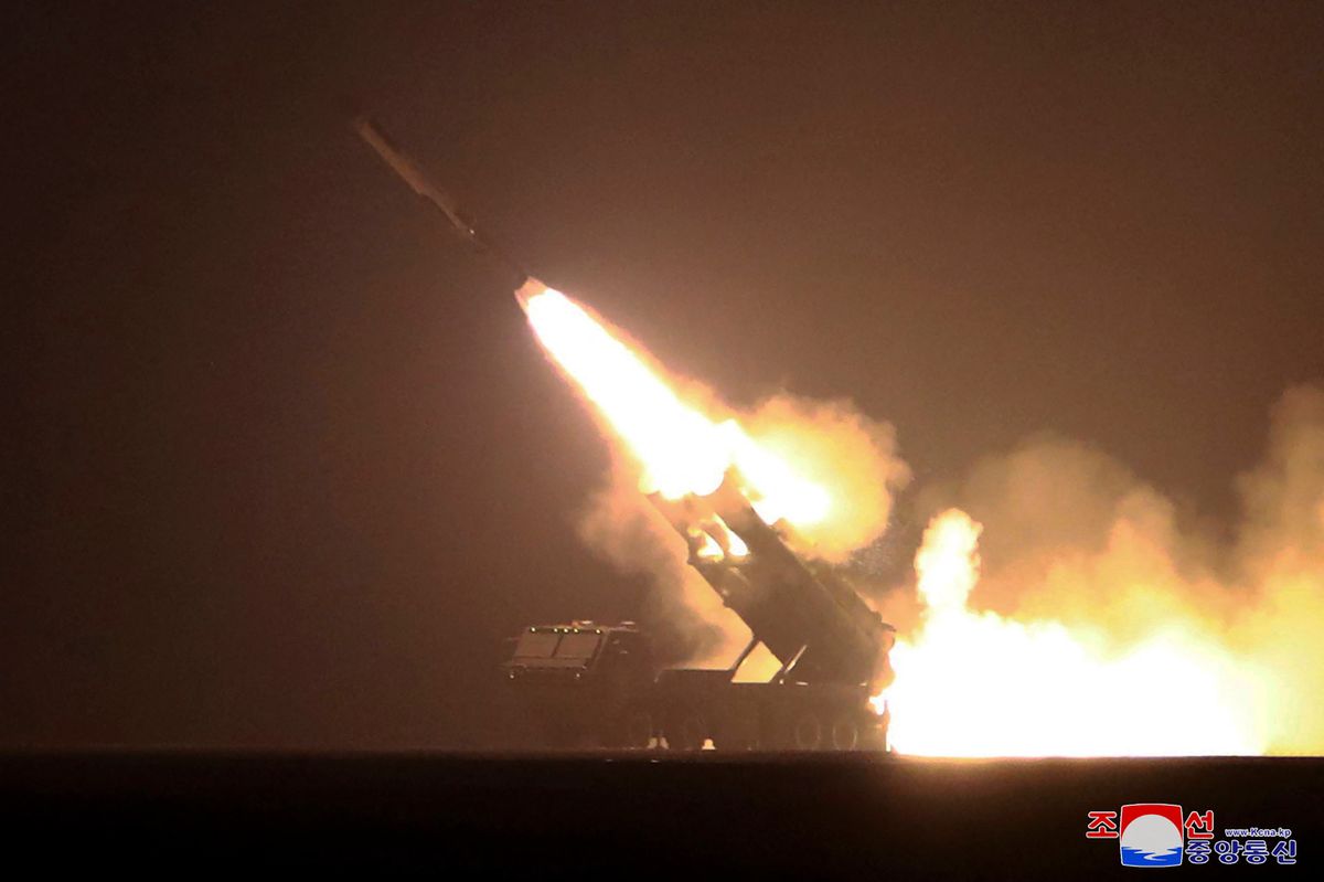 This photo taken on February 23, 2023 and released by North Korea's official Korean Central News Agency (KCNA) on February 24 shows strategic cruise missile Hwasal-2 launching from a platform during a drill in the area of Kim Chaek City in North Hamgyong Province.