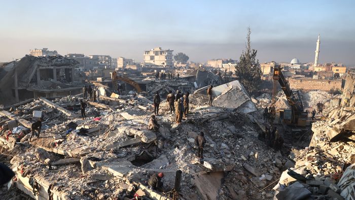 Earthquake aftermath in Syria
GRAPHICS - 08 February 2023, Syria, Jindires: A general view of the destruction caused by the deadly earthquake that tore through the Turkish-Syrian border. Photo: Anas Alkharboutli/dpa - ATTENTION: graphic content (Photo by Anas Alkharboutli/picture alliance via Getty Images)